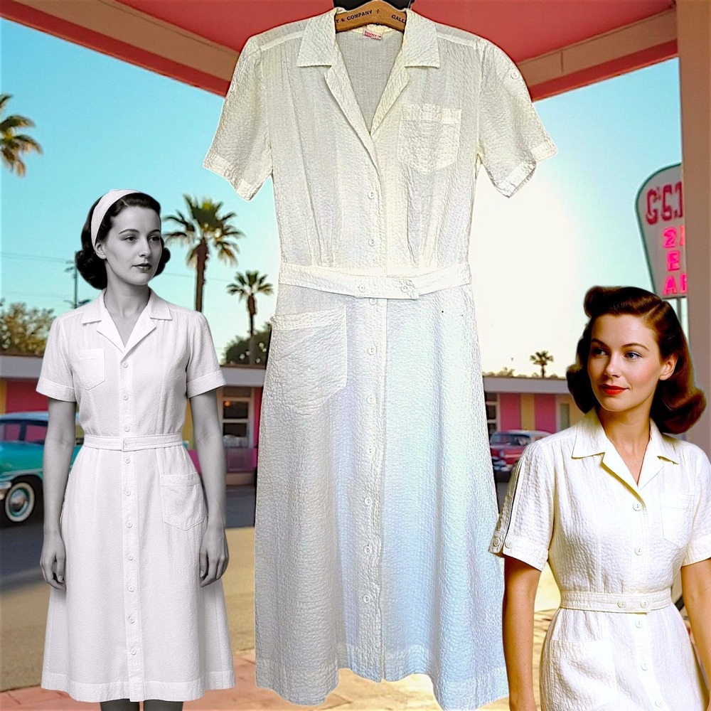 Vintage 1940s Wayne Maids White Seersucker Uniform Dress Belted Button Front 40 - Picture 2 of 16
